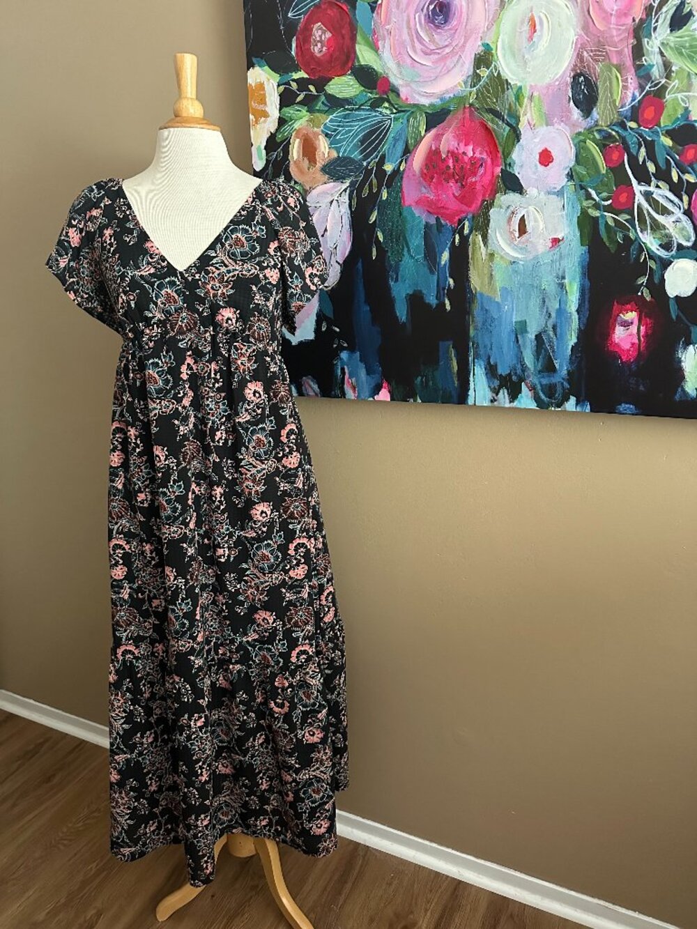 Universal Thread Boho Floral Maxi Dress Small Black Pink Prairie Cottagecore